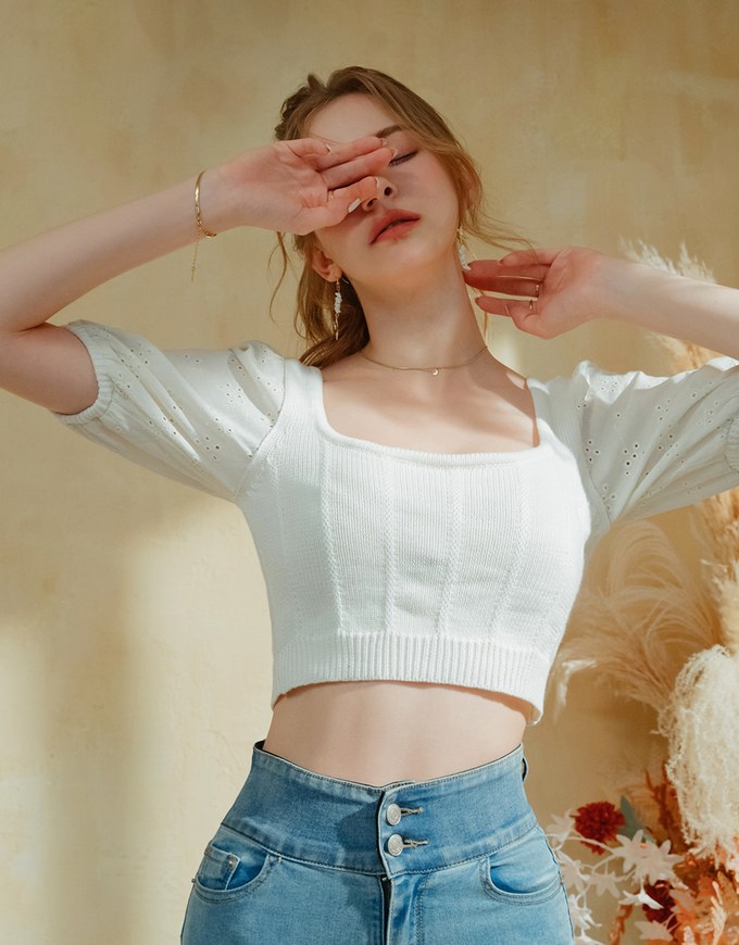 Puff Sleeves Splice Crop Top