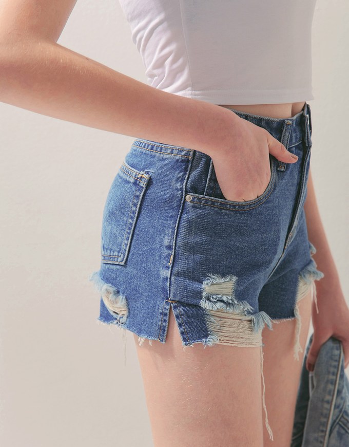 Ripped Slit-Side Denim Jeans Shorts