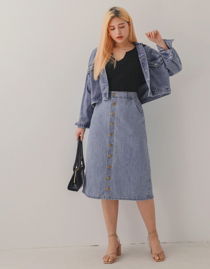 Button-Down Elastic Denim Jeans Midi Skirt