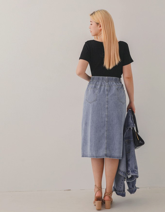 Button-Down Elastic Denim Jeans Midi Skirt