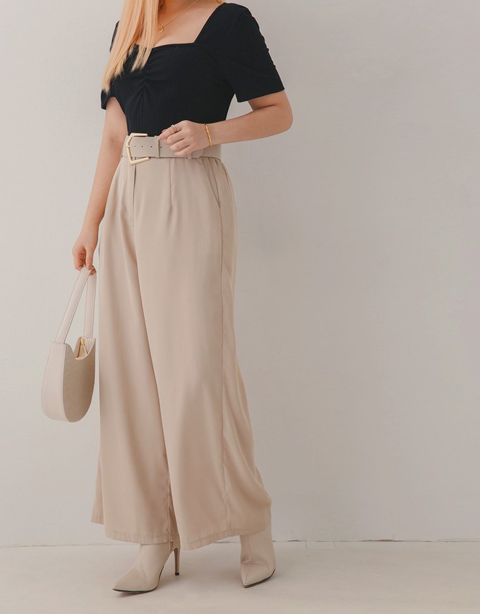 High-Waisted Wrinkle-Free Belted Suit Wide Pants