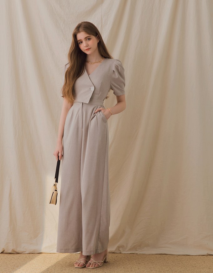 Sleek Overlapped Pleated Puff Sleeves Jumpsuit