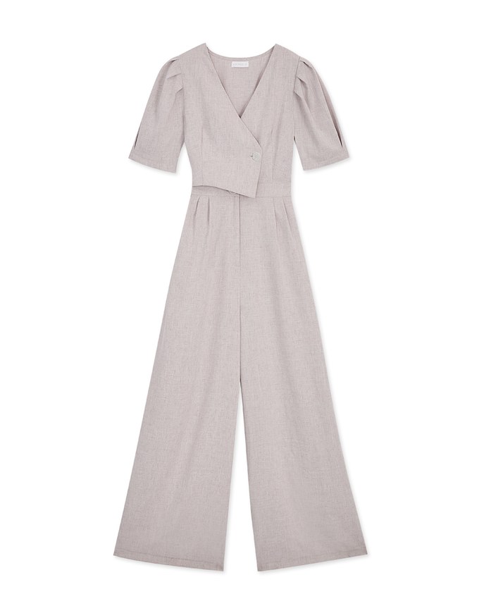 Sleek Overlapped Pleated Puff Sleeves Jumpsuit