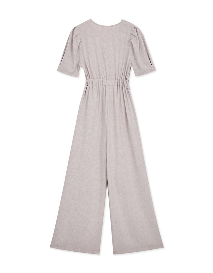 Sleek Overlapped Pleated Puff Sleeves Jumpsuit