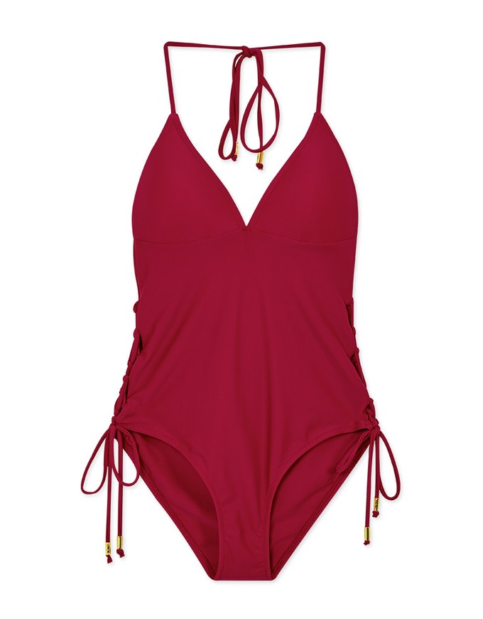 【EXTRA BODICE LENGTH 】Tall Girl-Thin Strap Lace-Up Side One-Piece Swimsuit Push Up Bra Padded