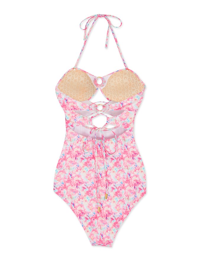 【EXTRA BODICE LENGTH 】Tall Girl-2Way Printed Hollow Out Bandeau One-Piece Swimsuit Push Up Bra Padded