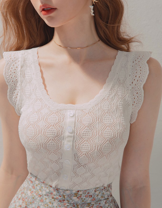 Eyelet Lace Splice Knitted Crop Tank Top