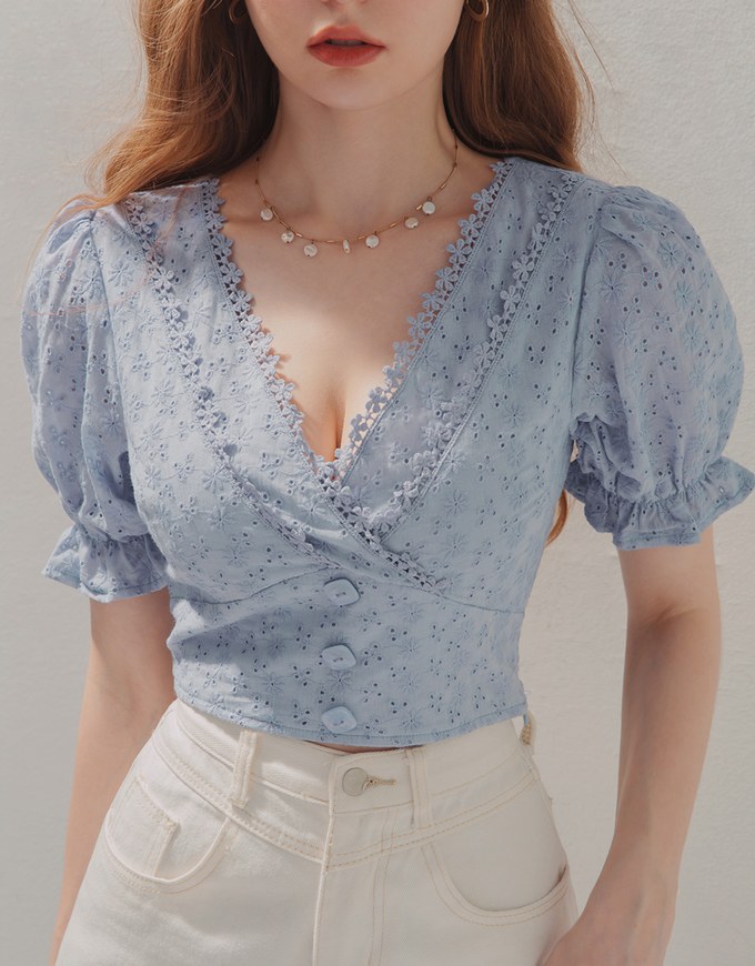 Lace Trim Embroidered V-Neck Top
