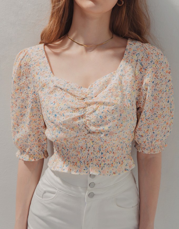Cinched Waist Square Neck Floral Top