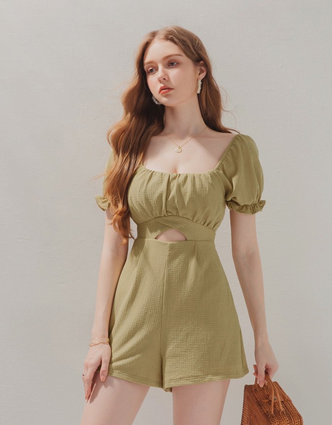 Waffle Square Neck Hollowed-Waist Playsuit
