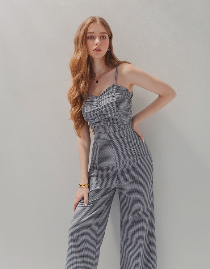 Ruched Front Gingham Jumpsuit