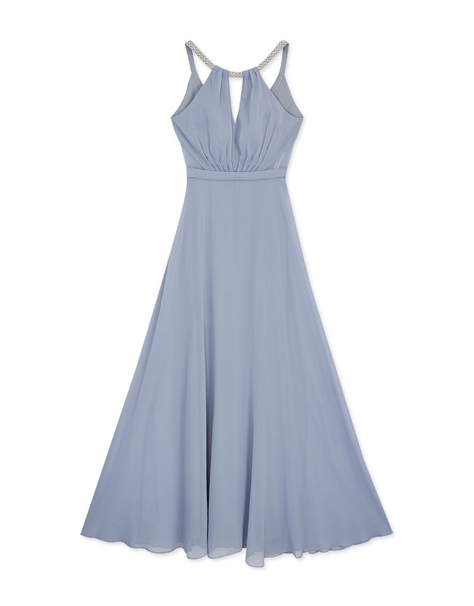 Halter With Pearl-Embellished Maxi Dress (With Sewn-In Paddings)
