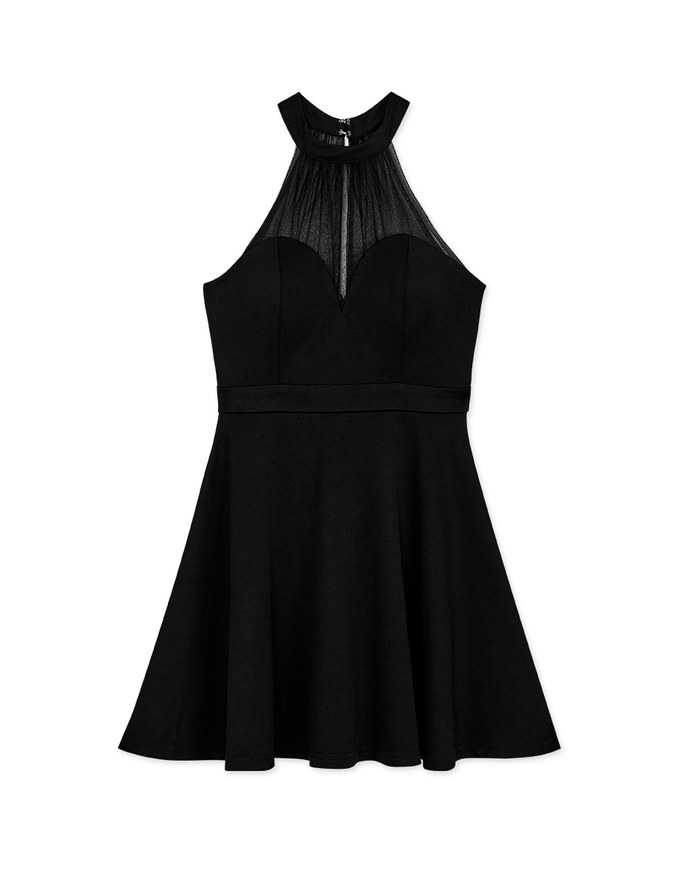 Halter Illusion Neckline Flared Dress (With Sewn-In Paddings)