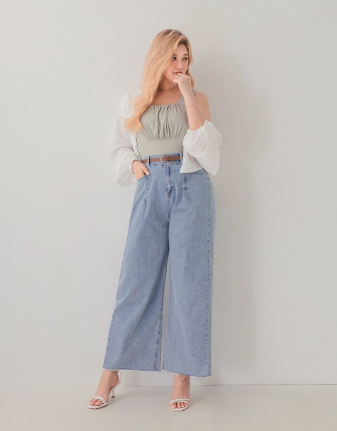Casual Diagonal Denim Jeans Flare Pants (With belt)