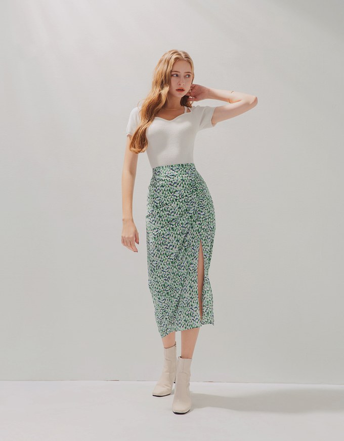 Voguish Printed Ruched Midi Skirt