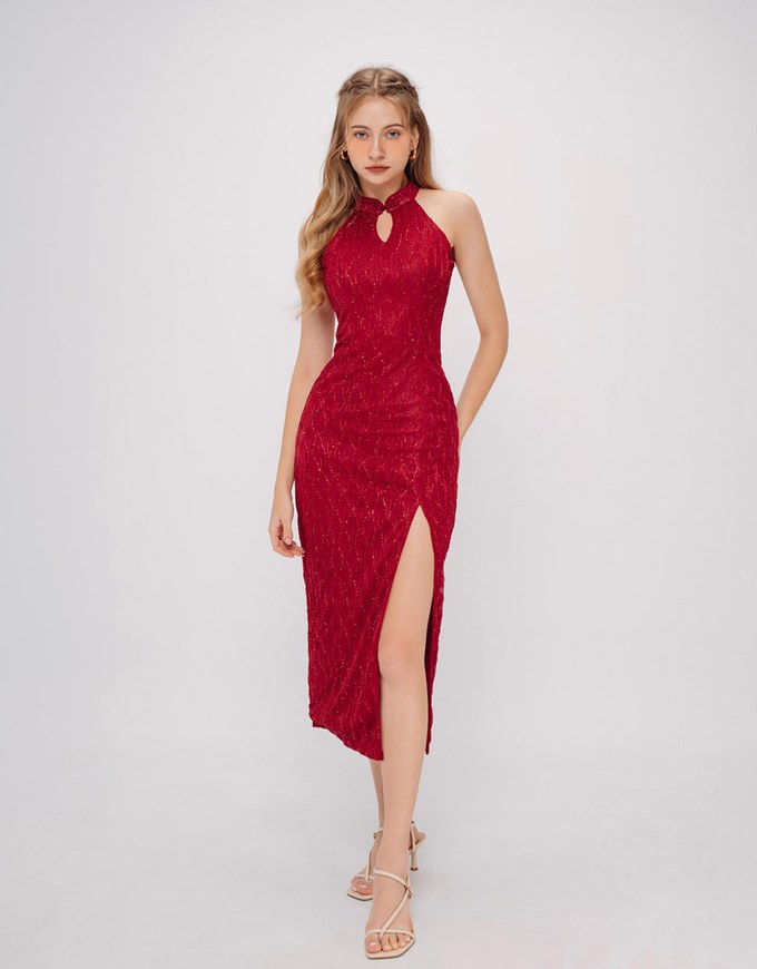 Textured HalterSlit Maxi Cheongsam Qipao Dress