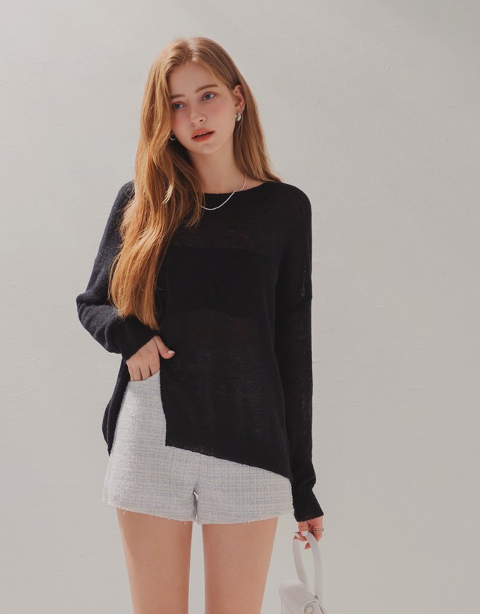 Minimalist Staple Front Slit Sheer Knitted Top