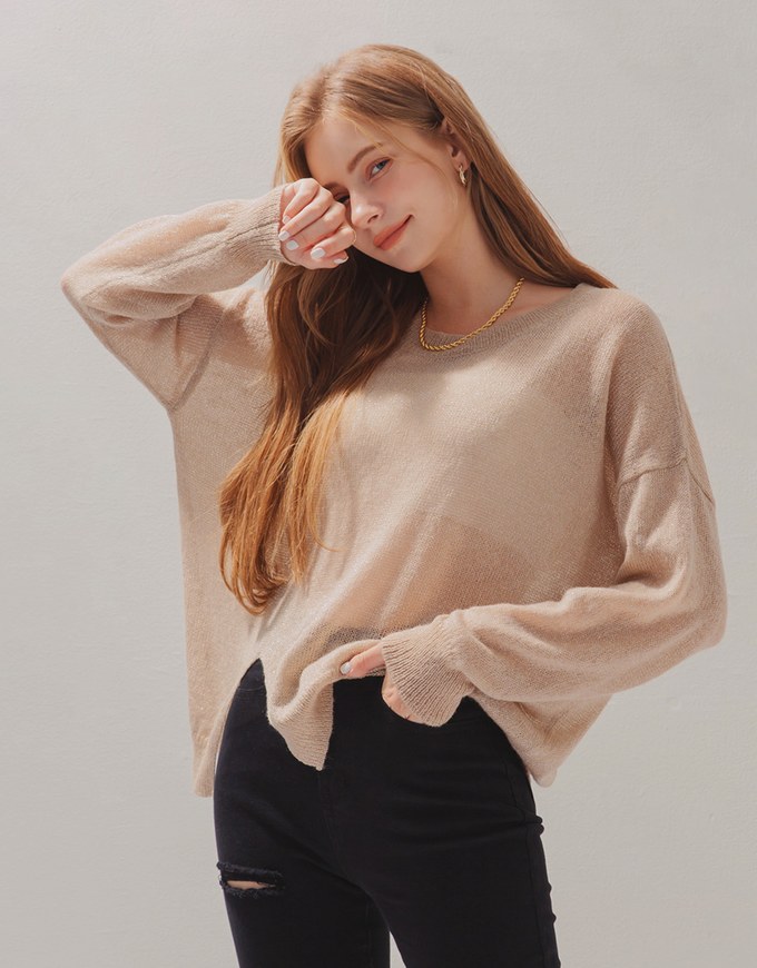 Minimalist Staple Front Slit Sheer Knitted Top