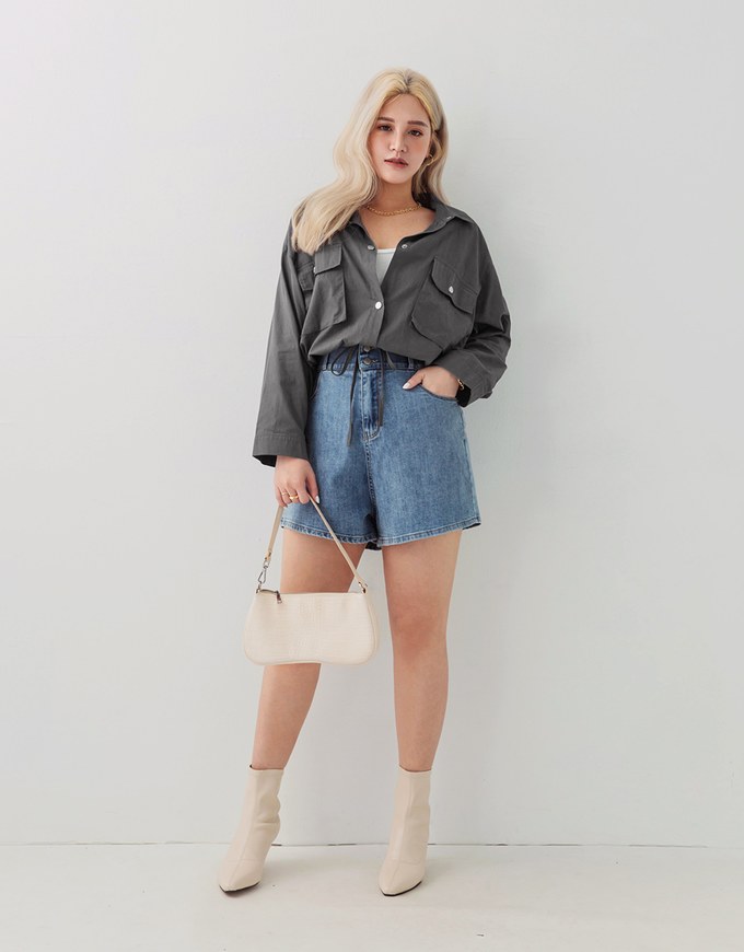 2Way Hype Military-Inspired Tie-Waist Crop Blouse Shirt
