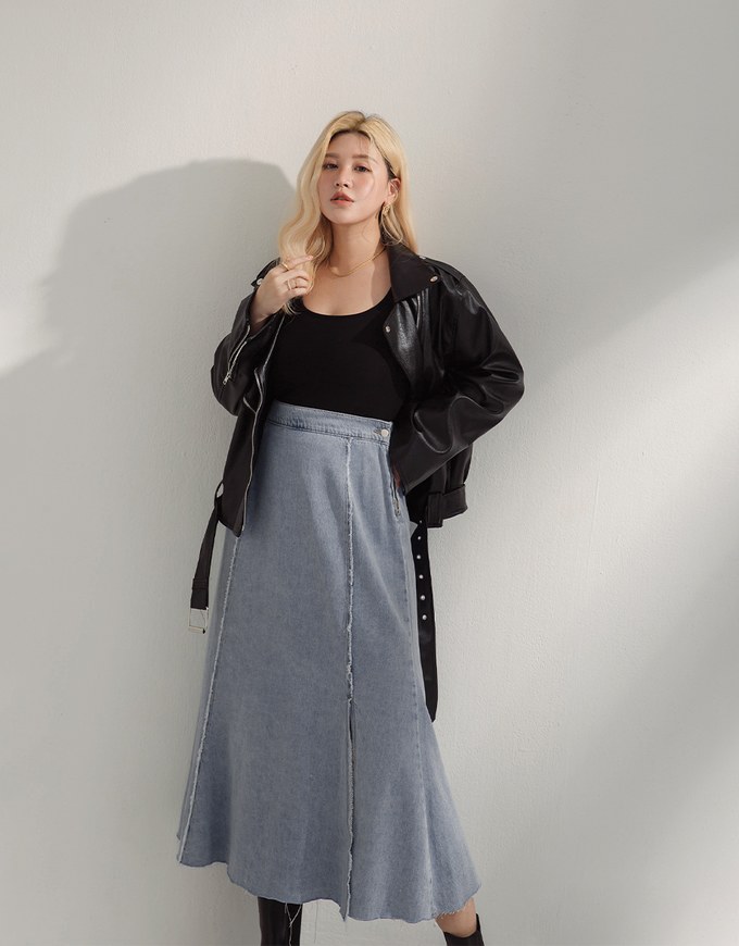 Understated Elegant Denim Jeans Slit Midi Skirt