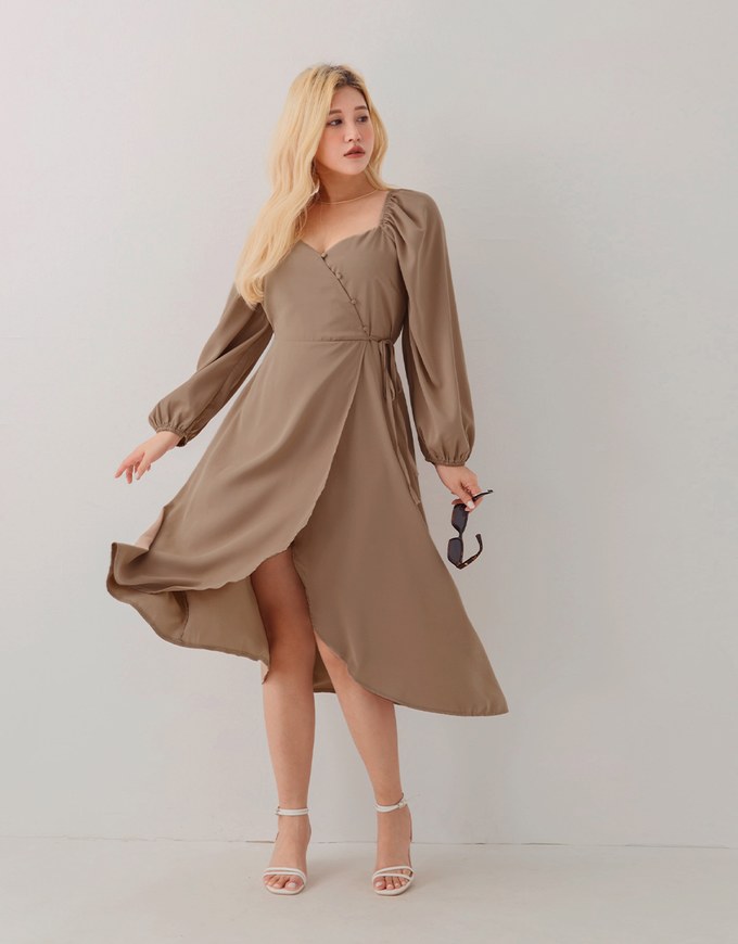 Asymmetrical Buttoned Side-Slit Midi Dress
