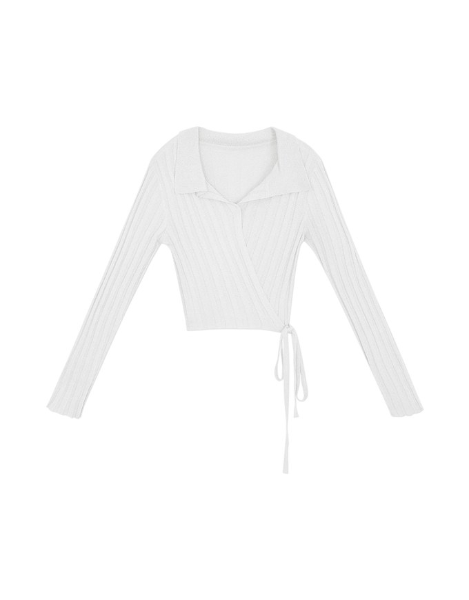Simple Plain Tie-Waist Knit Wrap Blouse Shirt