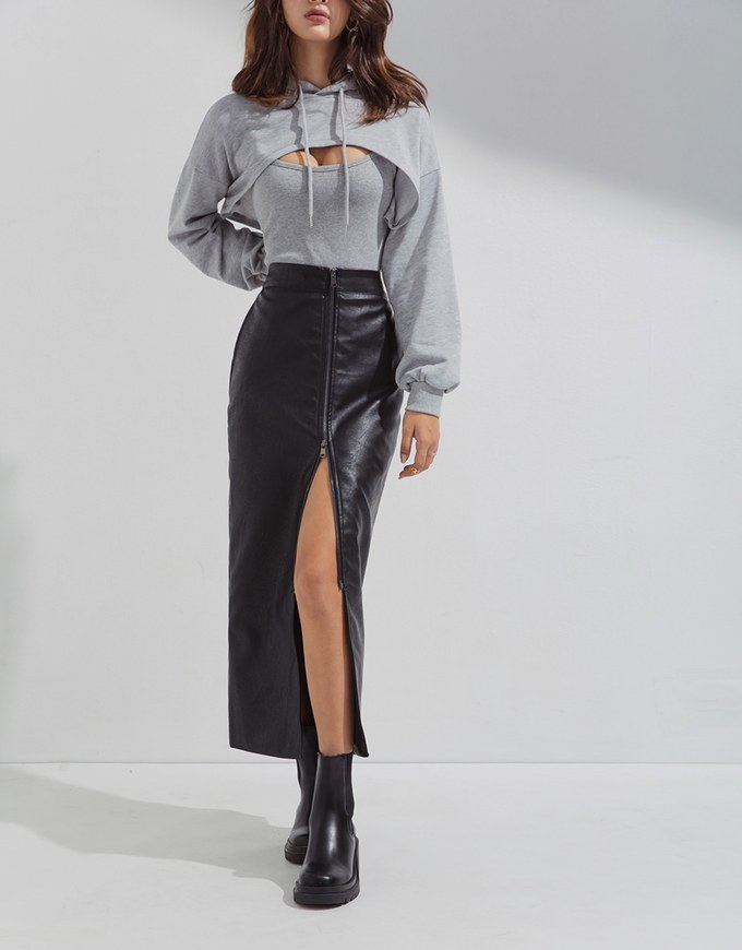 Iconic High-Waist Slit Leather Midi Skirt