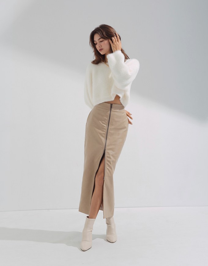 Iconic High Waisted Slit Faux Leather Midi Skirt