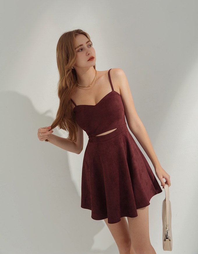 Sweetheart Hollow Suede Cami Dress (With Padding)