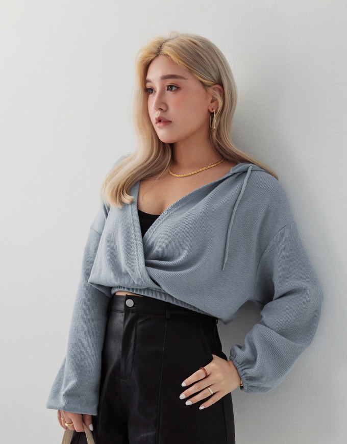 Elevated Casual Crossover Knit Hoodie Crop Top