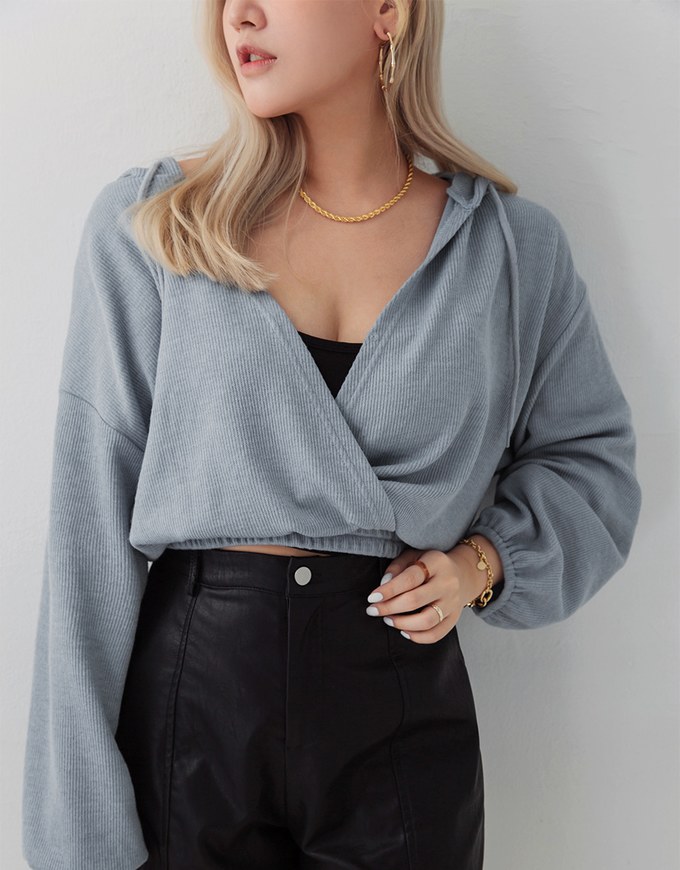 Elevated Casual Crossover Knit Hoodie Crop Top