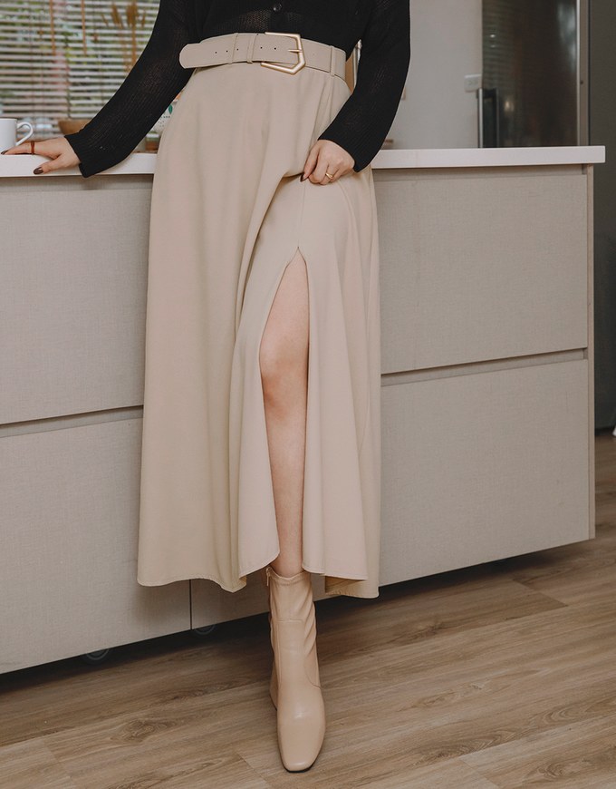 High-Waist Elasticated Slit Midi Skirt (With Belt)
