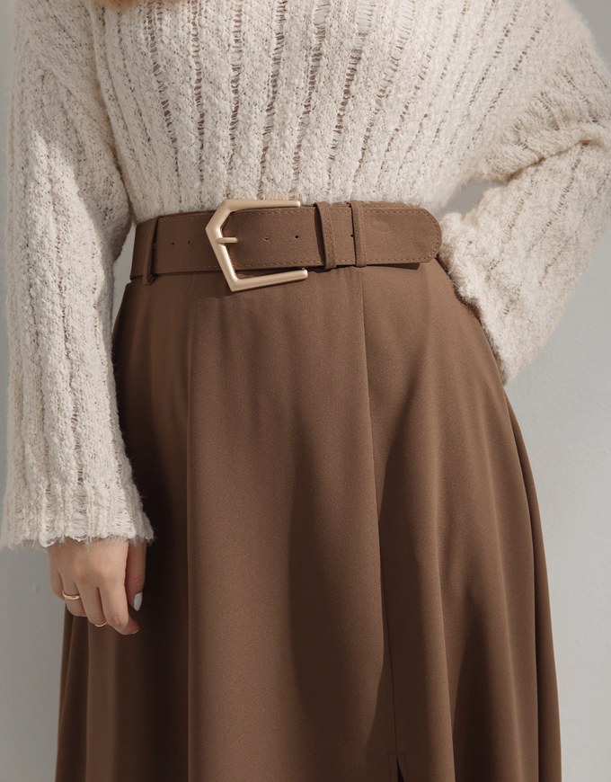 High Waisted Elasticated Slit Midi Skirt (With Belt)