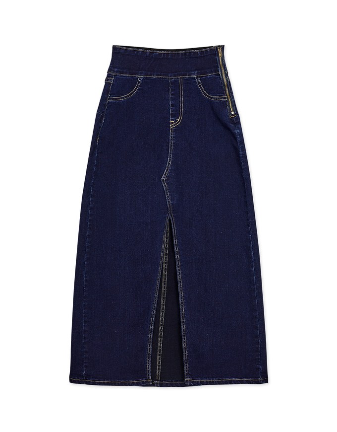 No Filter High Waisted Snatched Waist Shape-Up Slimming Slit Denim Jeans Midi Skirt