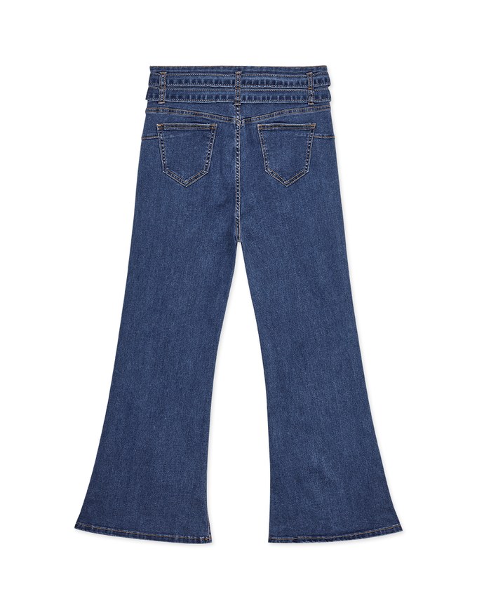 High Waisted Double Belted Denim Jeans Flare Pants