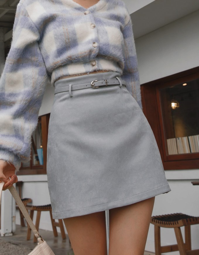 High-Waist Suede A-Line Mini Skirt (With Belt)