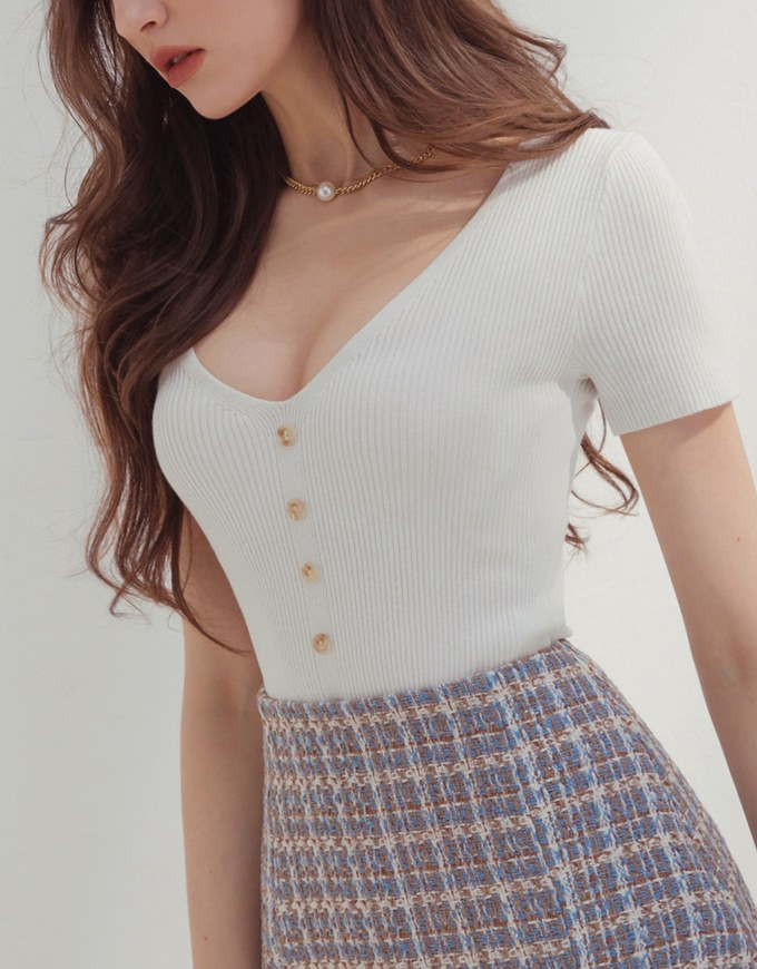 Beyond Basic Low-Cut Buttoned Ribbed Top