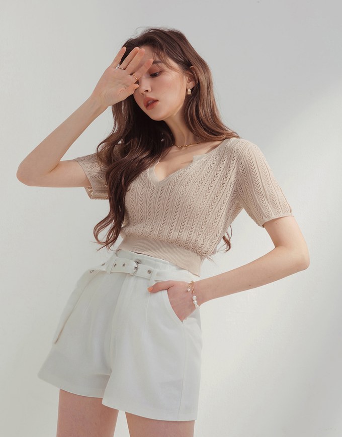 V-Notch Hollow Crop Knitted Top