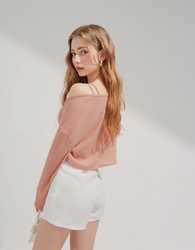 One Shoulder Dual Strap Cami Top + Cardigan (With padding)