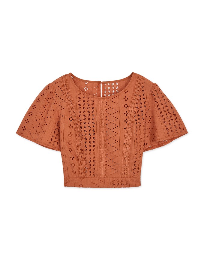 Broderie Anglaise Lace Cinched-Waist Crop Top