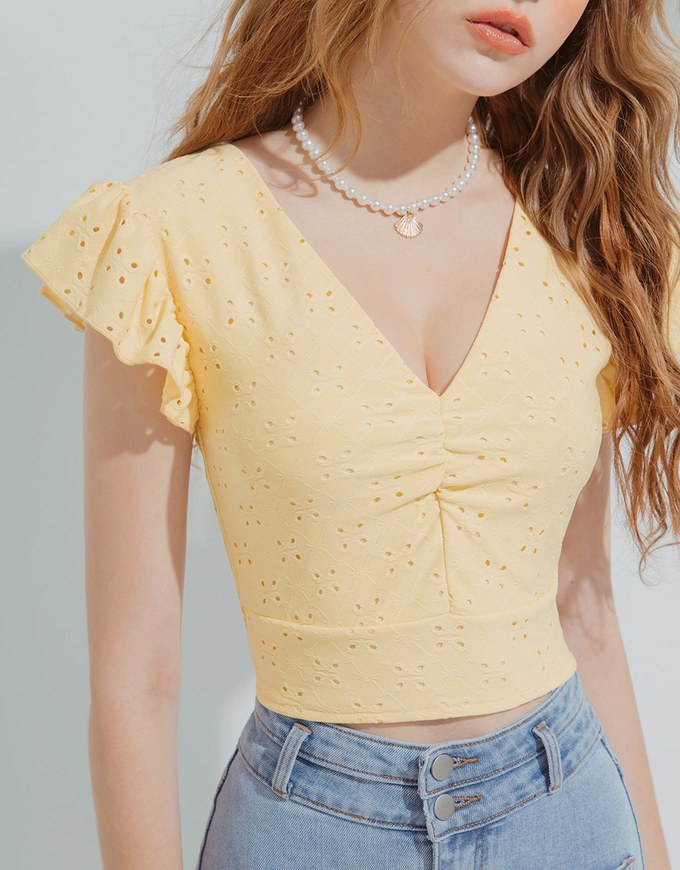 Embroidered Lace V-Neck Scrunch Top