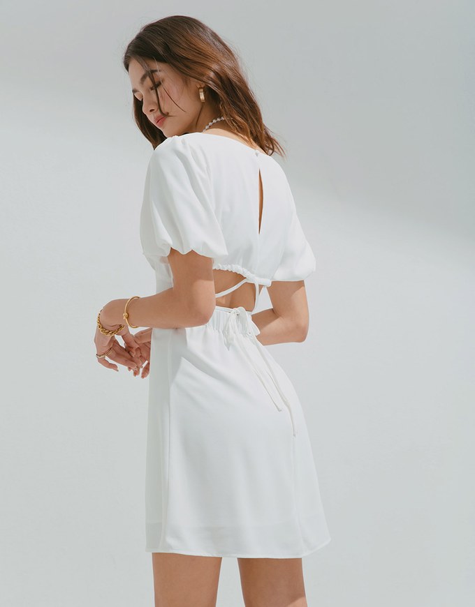 Vigorous Back-Slit Tie-Strap Hollow Waist Puff Sleeve Mini Dress