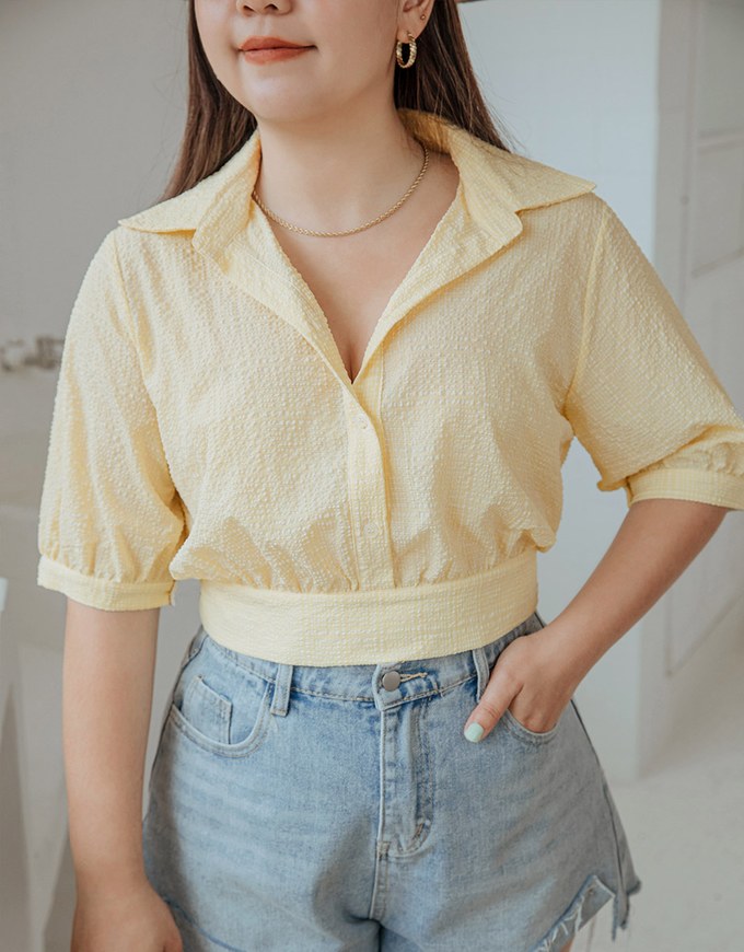 Finest Embossed Tie-Back Button Up Crop Top