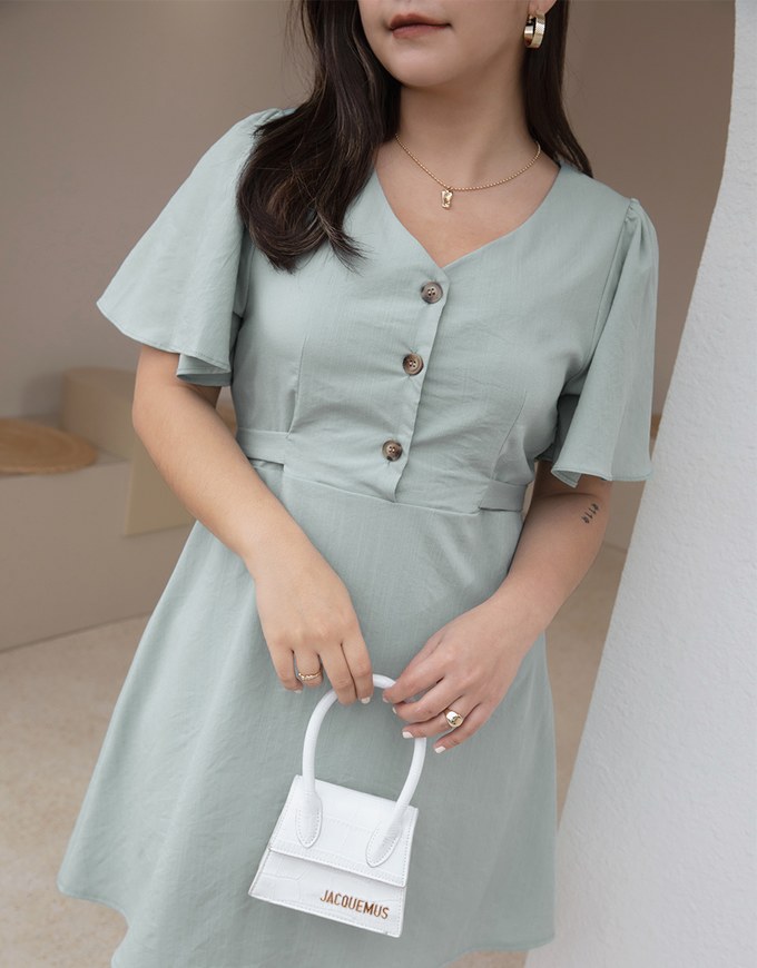 V-neck Buttoned Wide Sleeve Tie-Waist Mini Dress