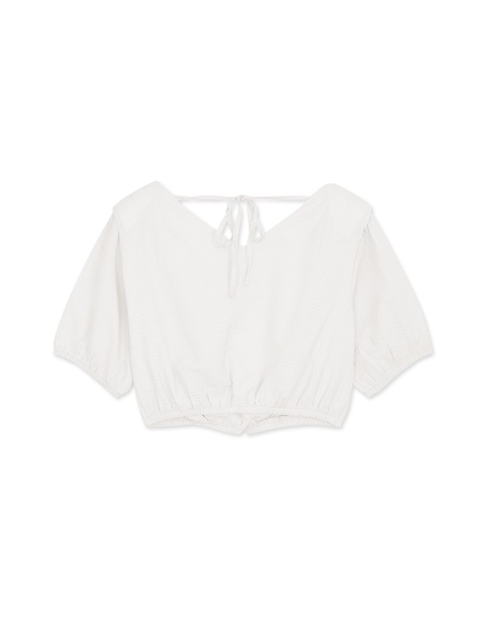 Whimsical Textured Cinched Waist Crop Top (With Shoulder Pads)