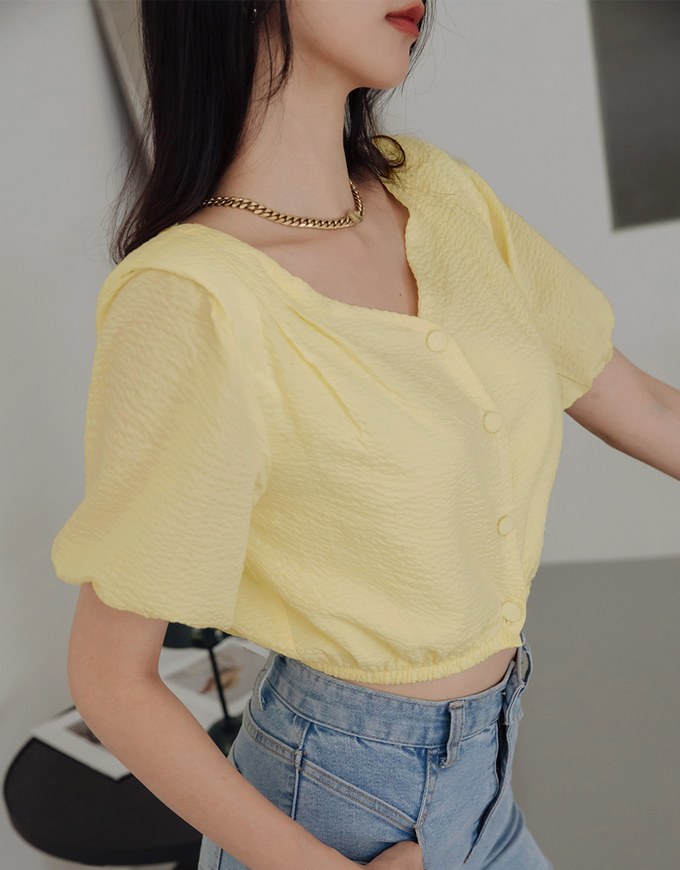 Whimsical Textured Cinched Waist Crop Top (With Shoulder Pads)