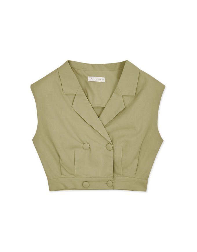 Smart Casual Cotton Linen Suit Collar Crop Top (With Shoulder Pads)