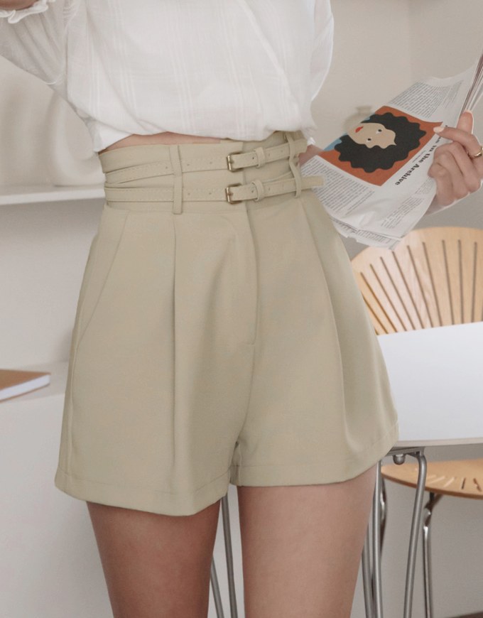 High-Waist Double Belted Pleated Shorts