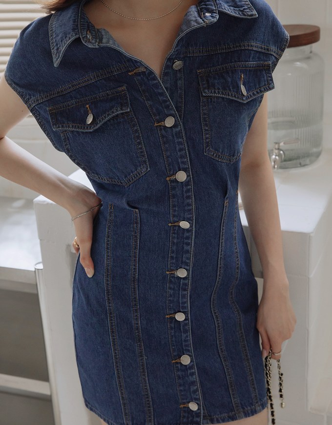 Sleeveless Button Down Pleated Denim Jeans Jeans Mini Dress