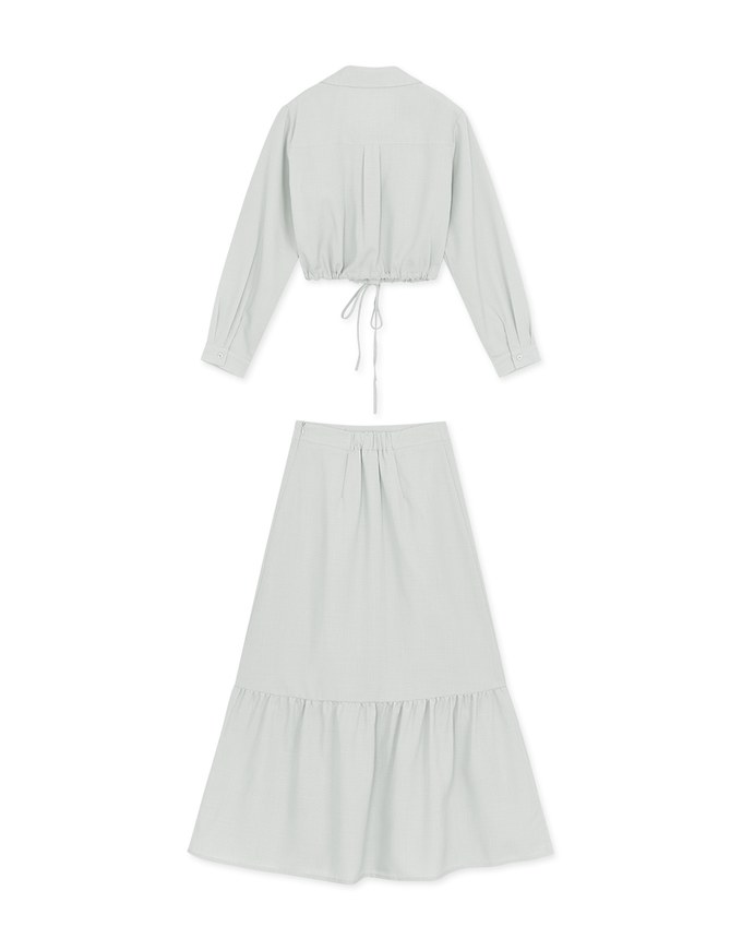 Elegant Drawstring Blouse Shirt + Peplum Maxi Skirt Set Wear